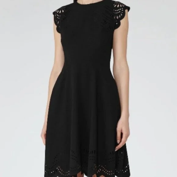Reiss Kathy Black Laser Cut Out Scalloped Knee Length Short Cap Sleeve Dress 2 - Picture 2 of 5